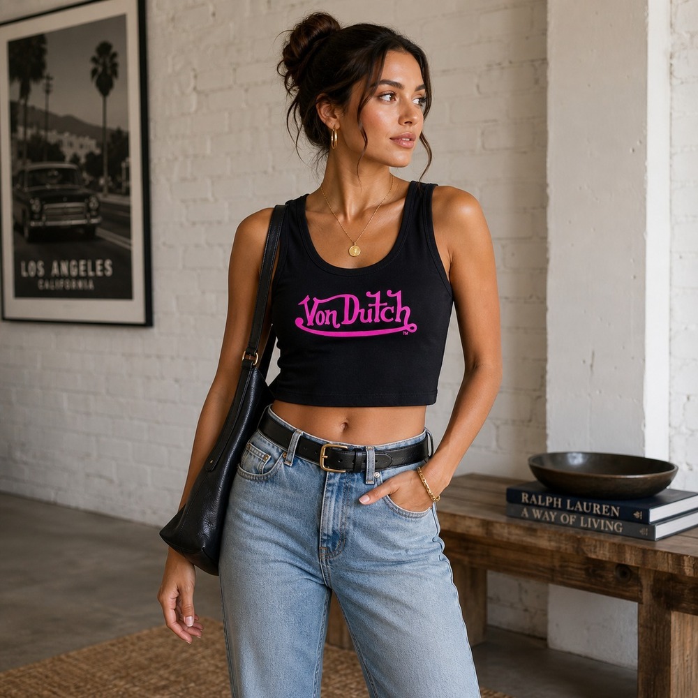 Von Dutch Crop Tank Womens M Black Pink Logo Y2K Fitted Streetwear